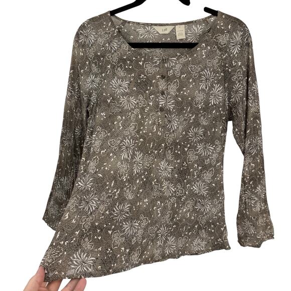 J Jill Medium Long Sleeve Top Gray Floral 1/4 Button Pullover Fairycore Y2K Vtg - Picture 2 of 9